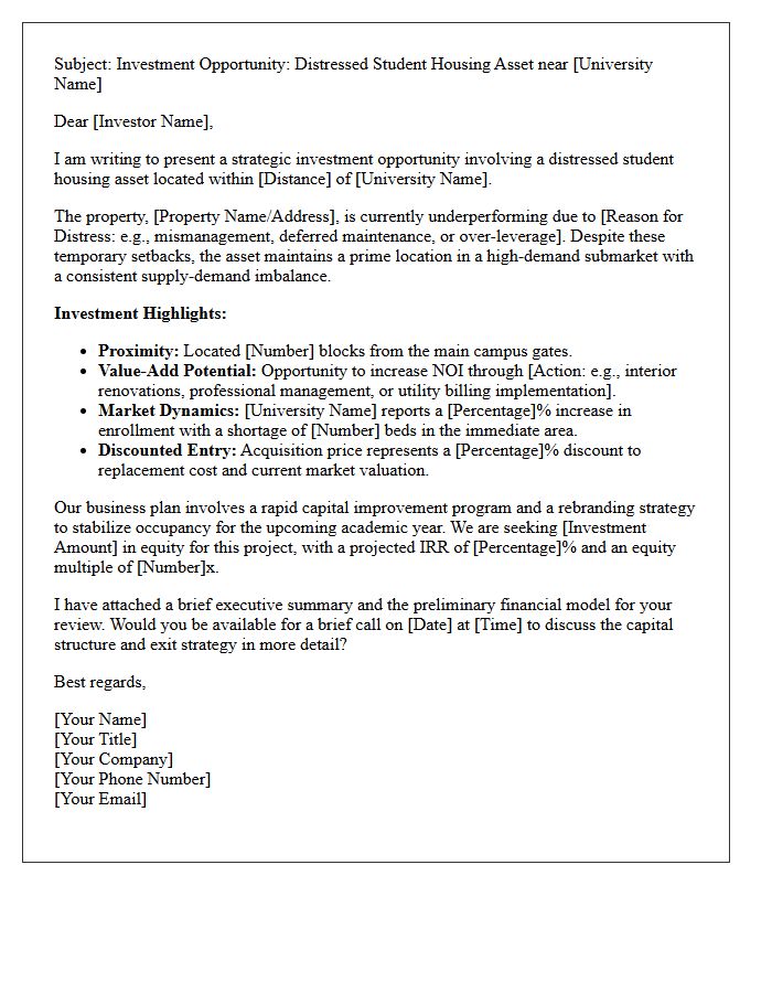 Distressed Asset Student Housing Proximity Investor Pitch Letter