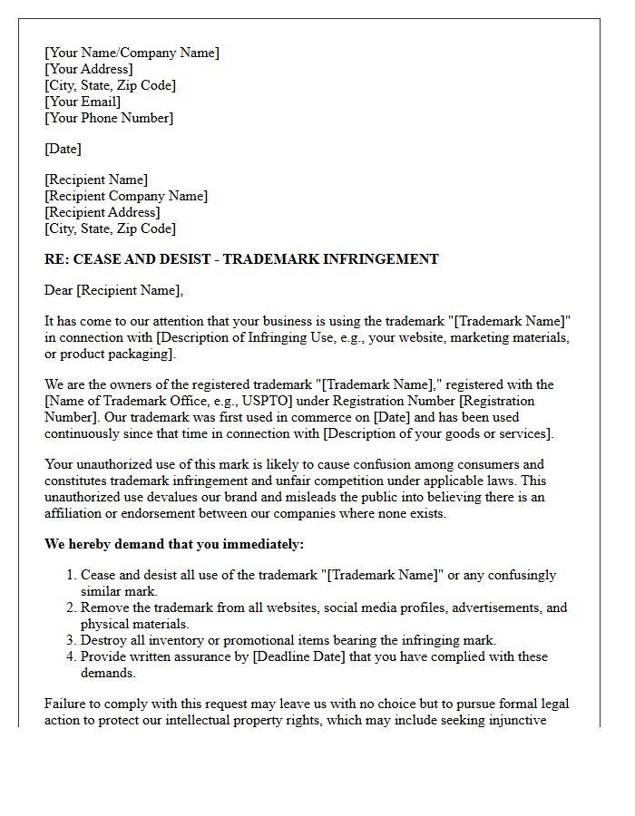 Unauthorized Use Trademark Infringement Cease and Desist Letter