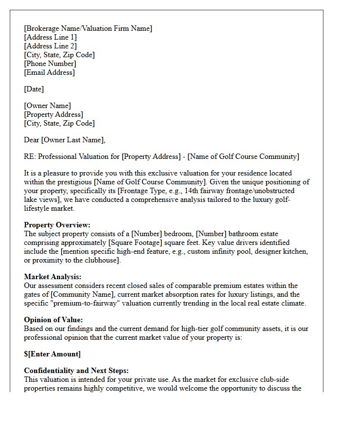 Exclusive Golf Course Community Premium Property Valuation Letter