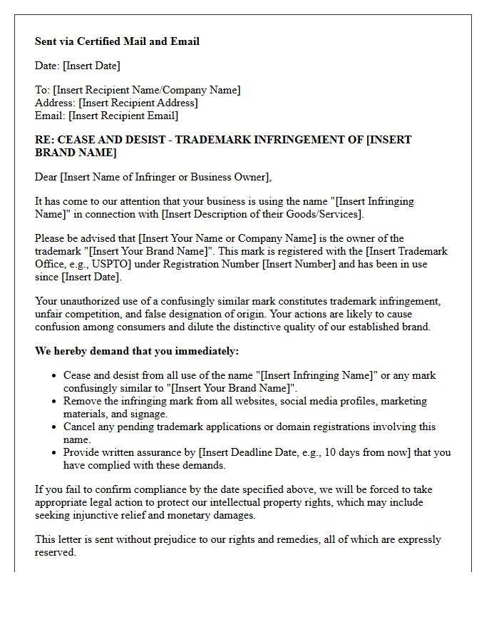 Brand Name Trademark Infringement Cease and Desist Letter