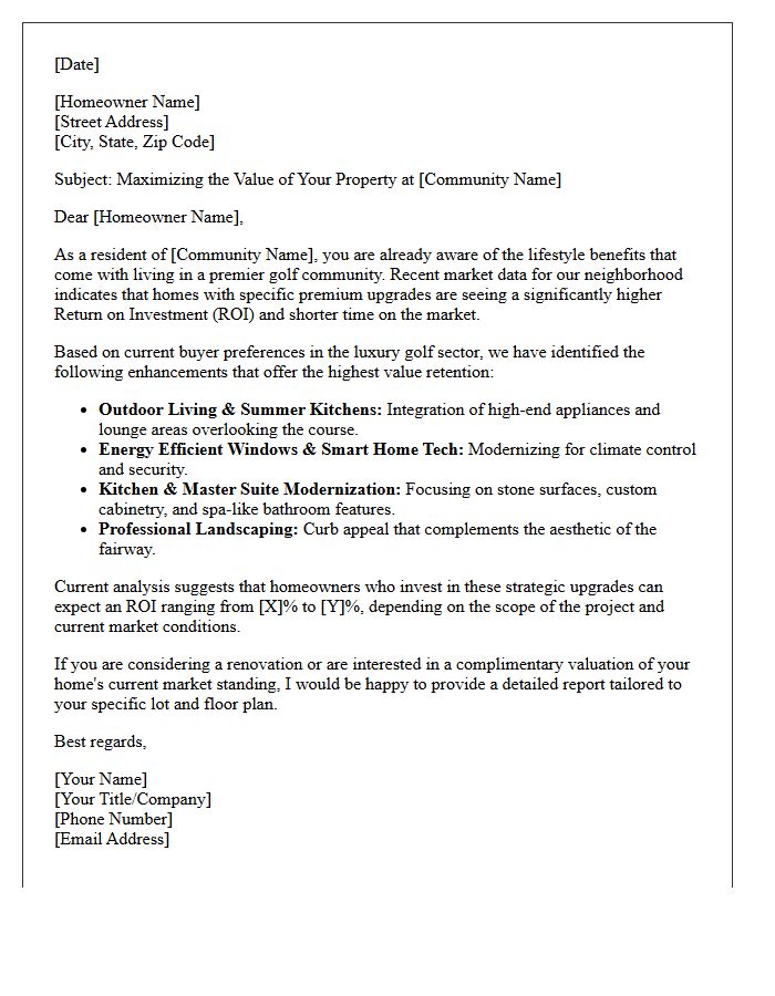 Golf Community Premium Home Upgrades Return on Investment Letter