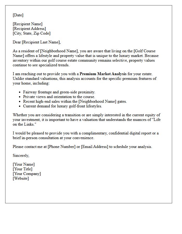 Golf Course Estate Neighborhood Premium Market Analysis Letter