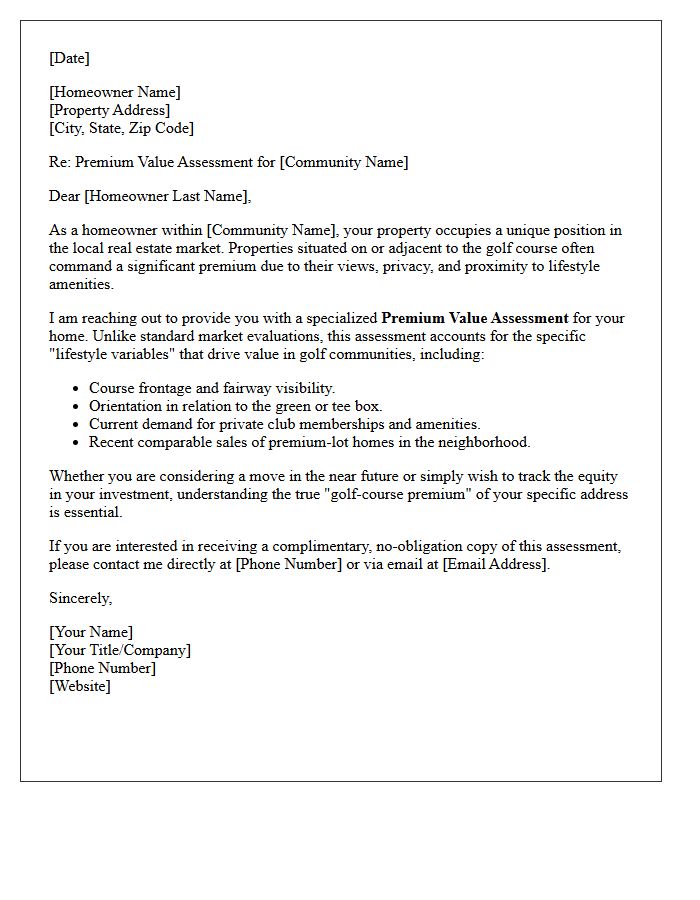 Premium Value Assessment for Golf Community Homeowners Letter