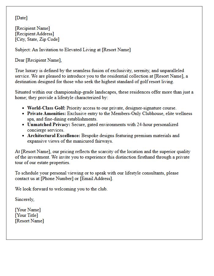 Luxury Golf Resort Living Premium Price Positioning Letter
