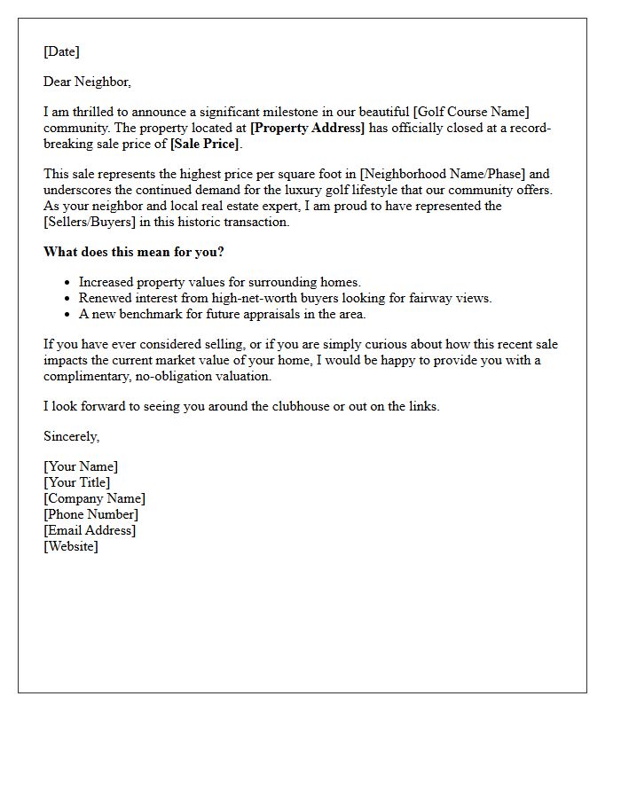 Golf Course Community Record-Breaking Sale Announcement Letter