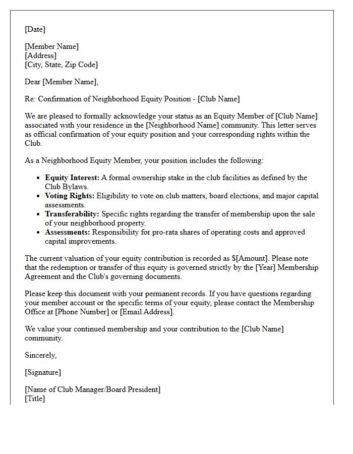 Exclusive Golf Club Neighborhood Equity Position Letter