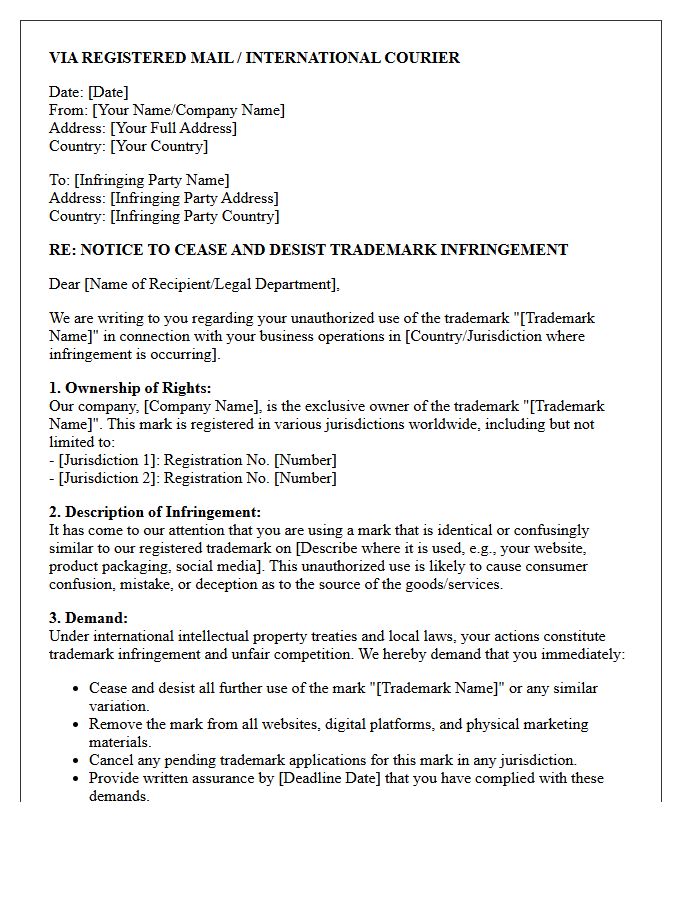 International Trademark Infringement Cease and Desist Letter