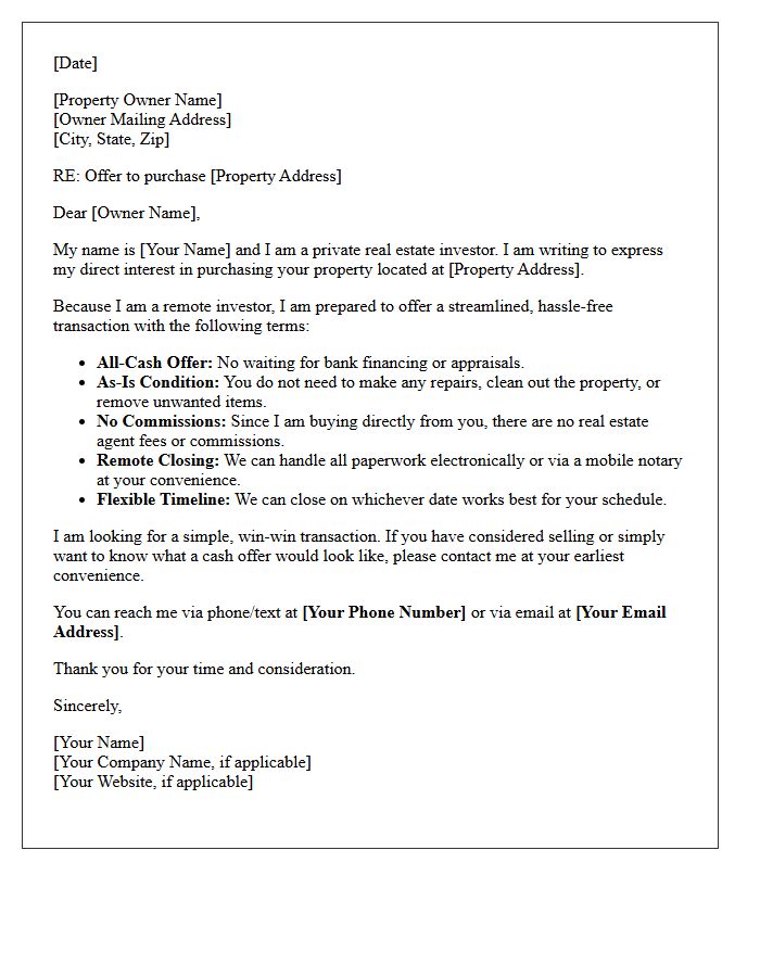 Remote Investor As Is Cash Purchase Letter