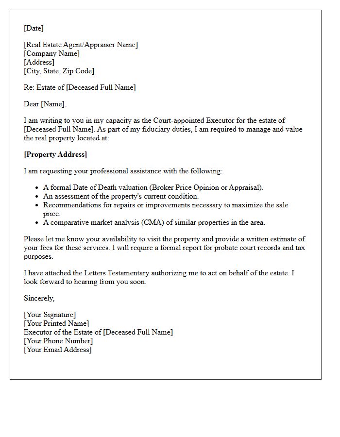 Executor Real Estate Assistance and Valuation Letter