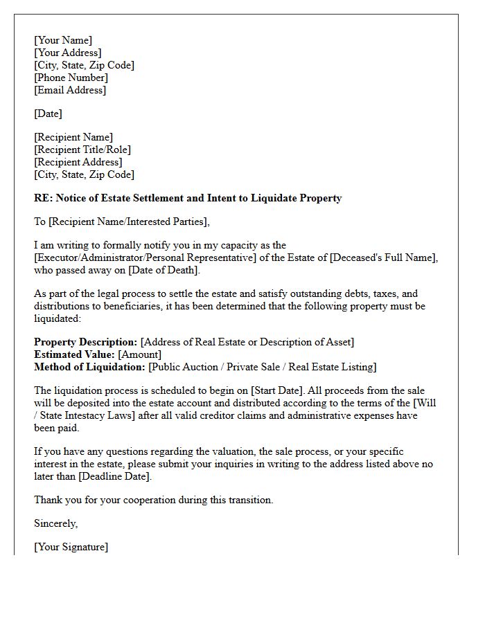 Estate Settlement and Property Liquidation Letter