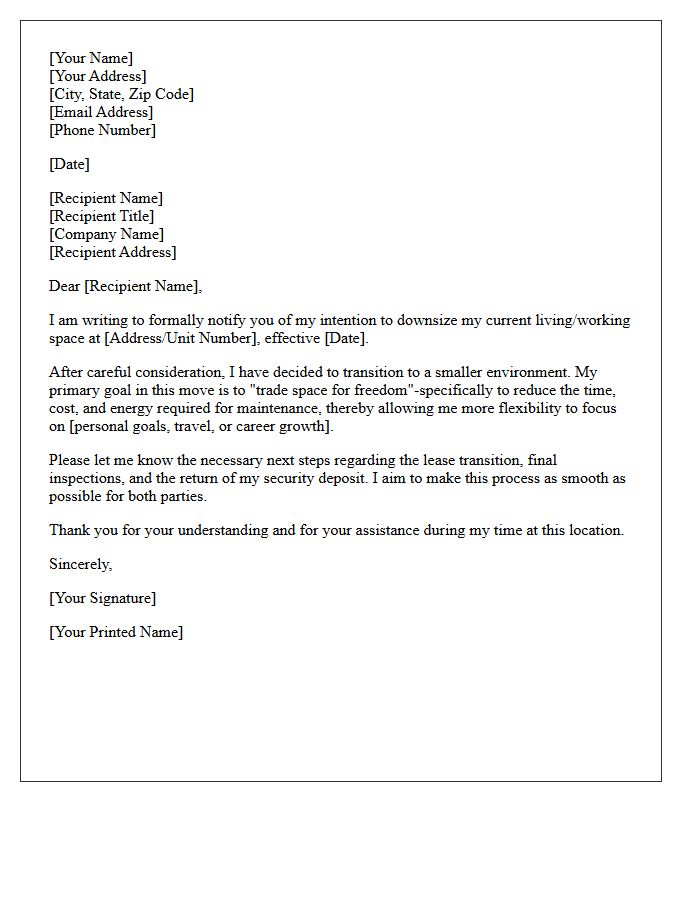 Trade Space for Freedom Downsizing Letter