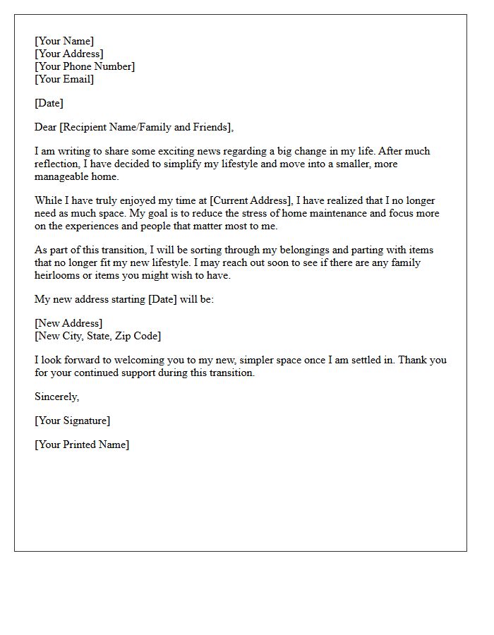 Simplify Your Lifestyle Downsizing Letter