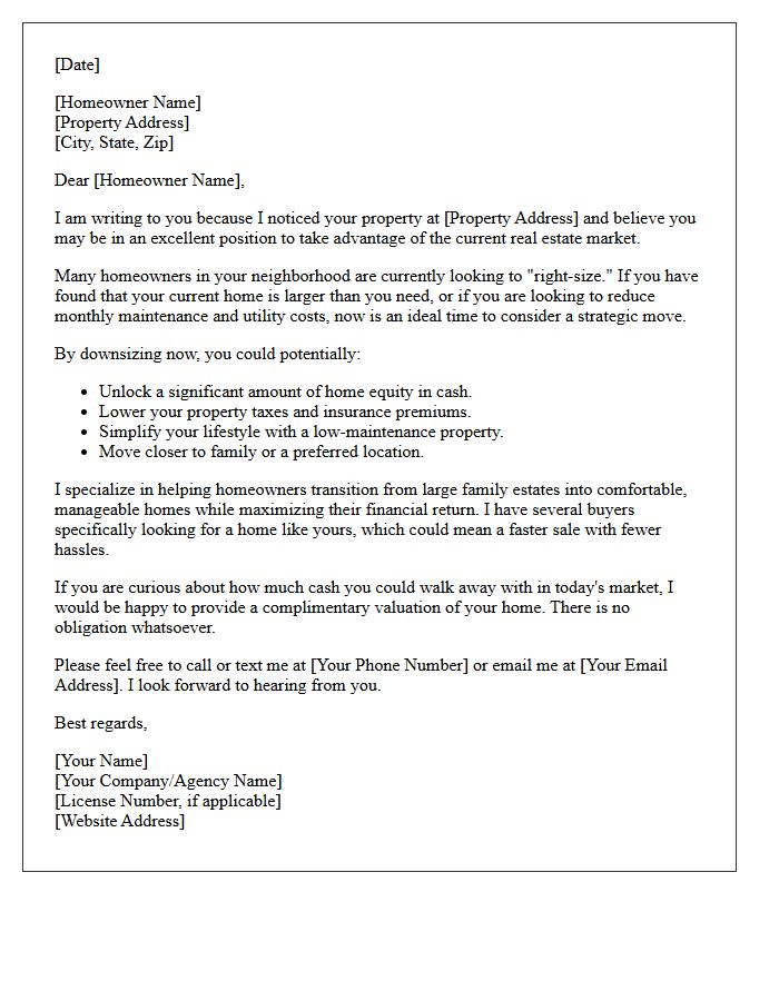 Cash Out and Downsize Opportunity Letter