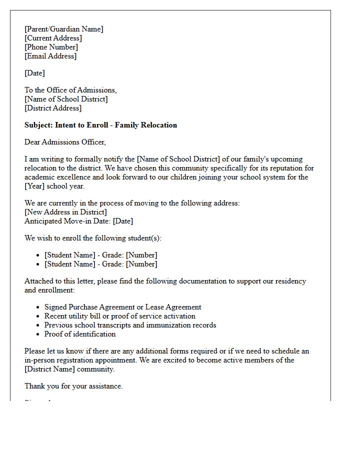 Premium School District Family Relocation Letter