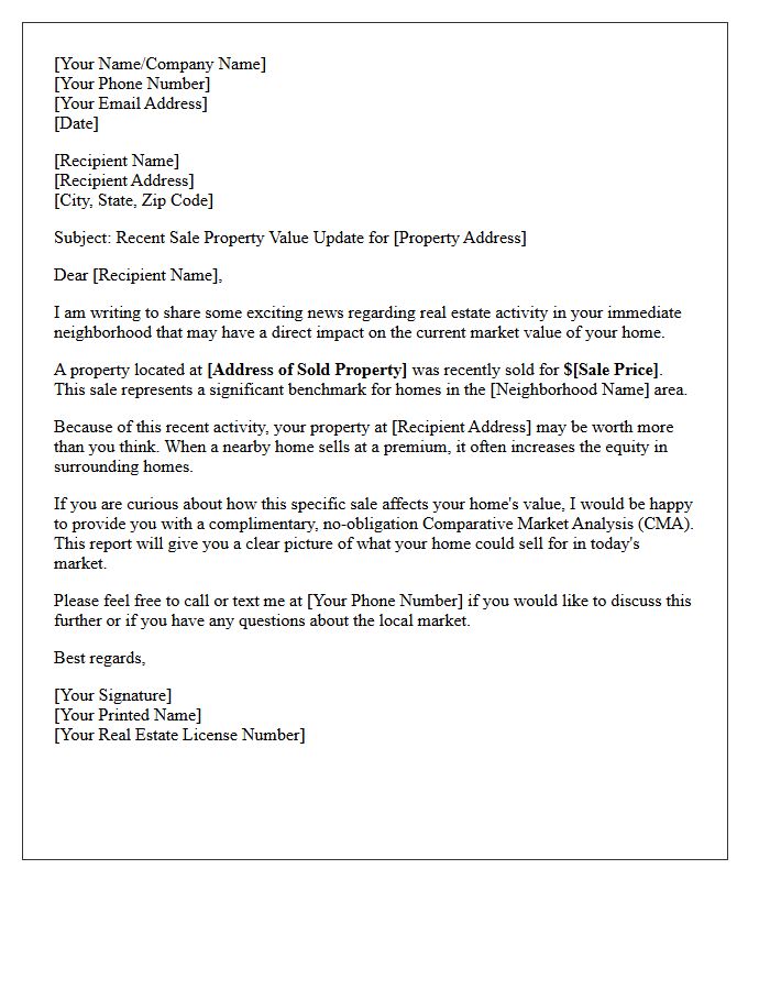 Recent Sale Property Value Update Letter