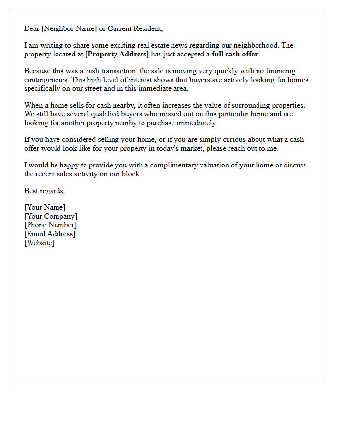 Cash Offer Accepted Down The Street Letter