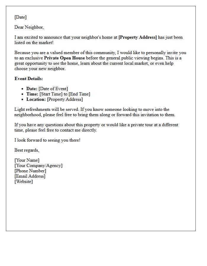 Private Open House Invitation Just Listed Letter