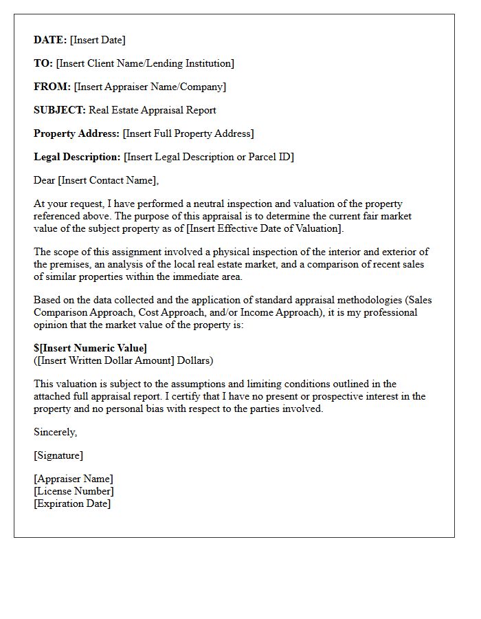 Neutral Real Estate Appraisal Valuation Letter