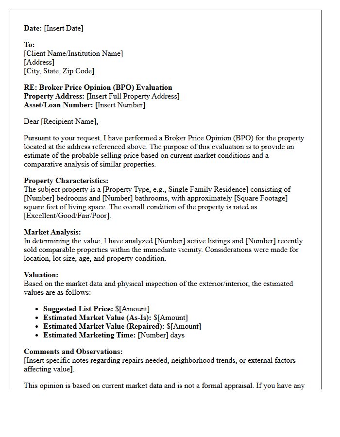 Broker Price Opinion Evaluation Letter