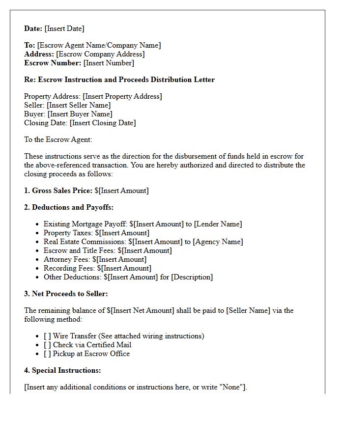 Escrow Instruction and Proceeds Distribution Letter