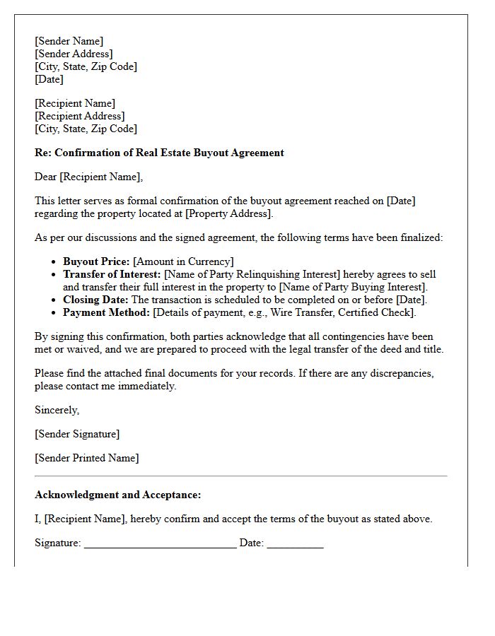 Real Estate Buyout Agreement Confirmation Letter