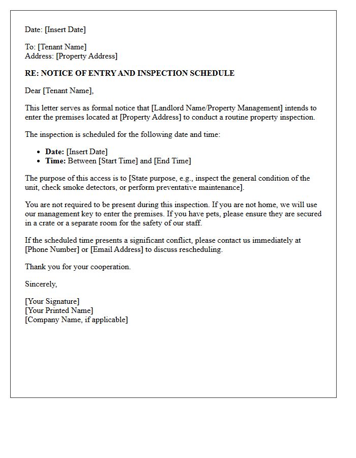 Property Access and Inspection Schedule Letter