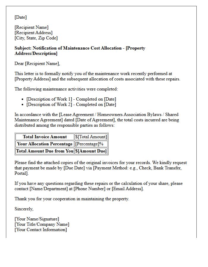 Property Maintenance Cost Allocation Letter