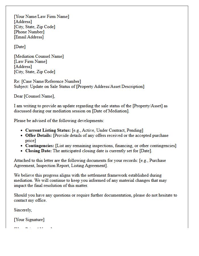 Sale Status Update to Mediation Counsel Letter