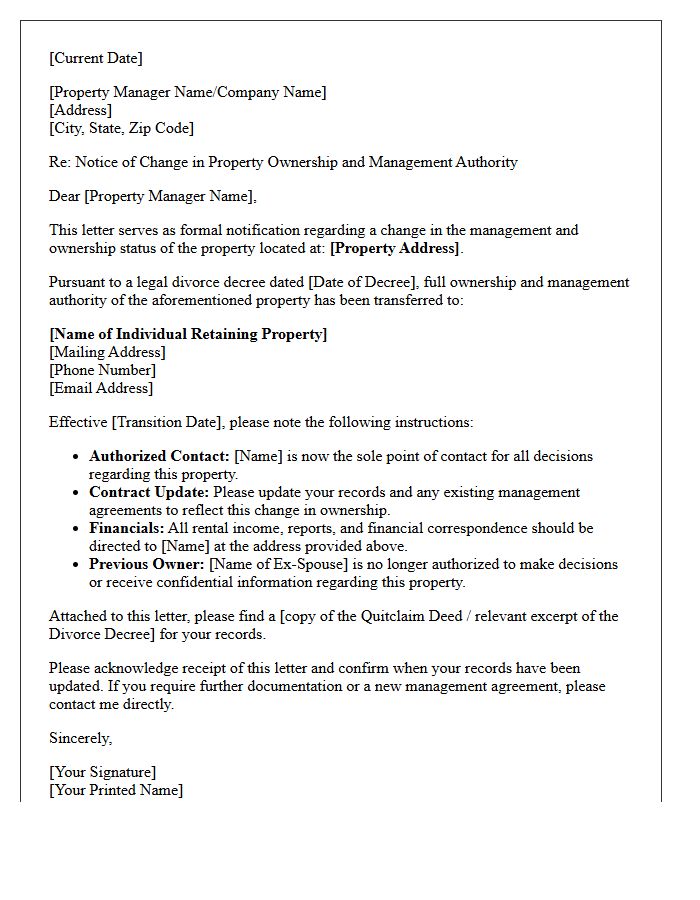 Post-Divorce Property Management Transition Letter