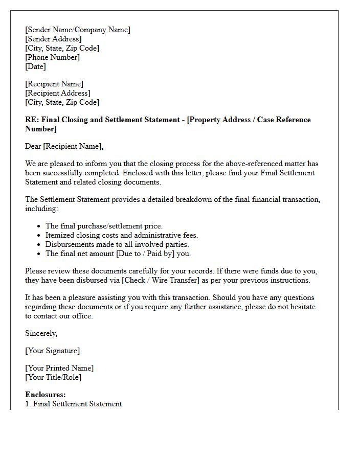 Final Closing and Settlement Statement Letter