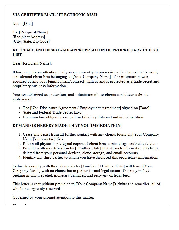 Client List Misappropriation Cease and Desist Letter