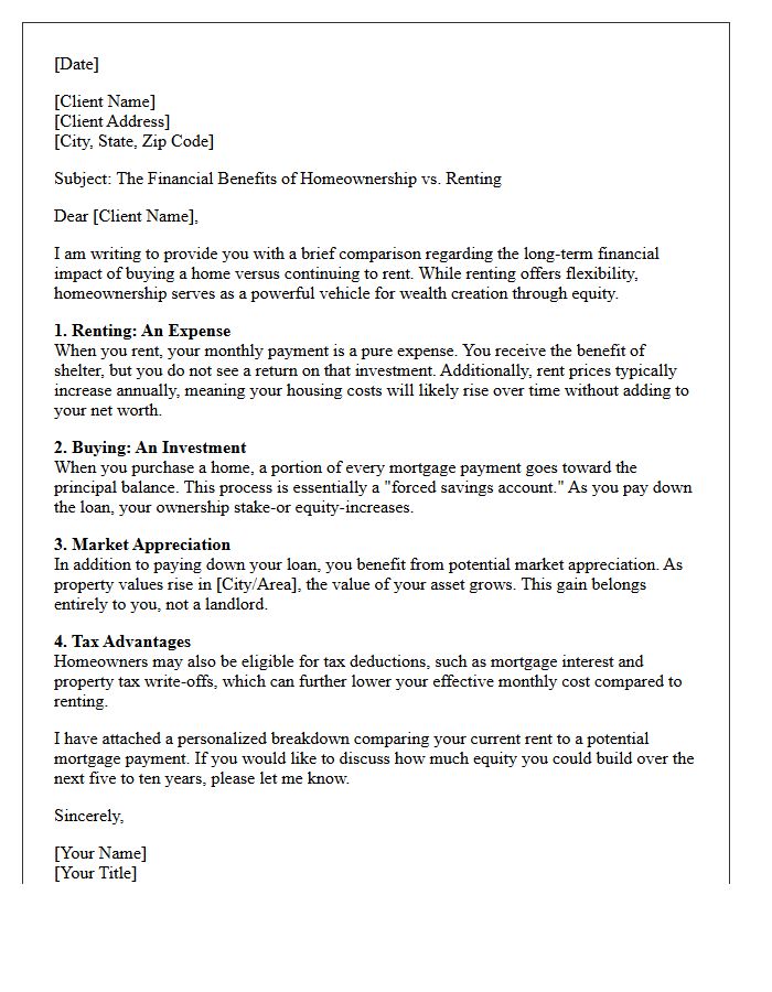 Building Equity Versus Renting Comparison Letter