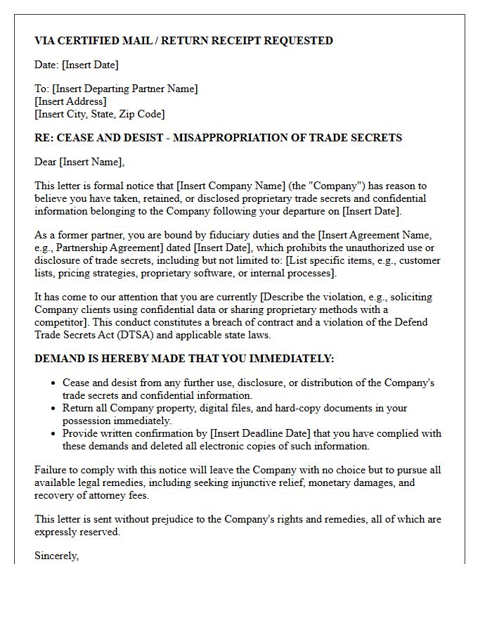 Departing Partner Trade Secret Cease and Desist Letter