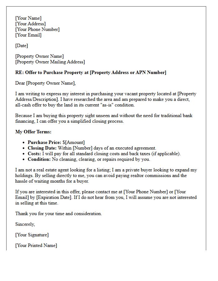 Sight Unseen Vacant Property Offer Letter