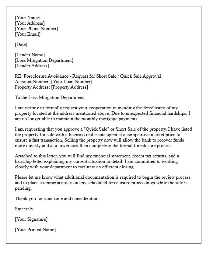 Foreclosure Avoidance Quick Sale Letter
