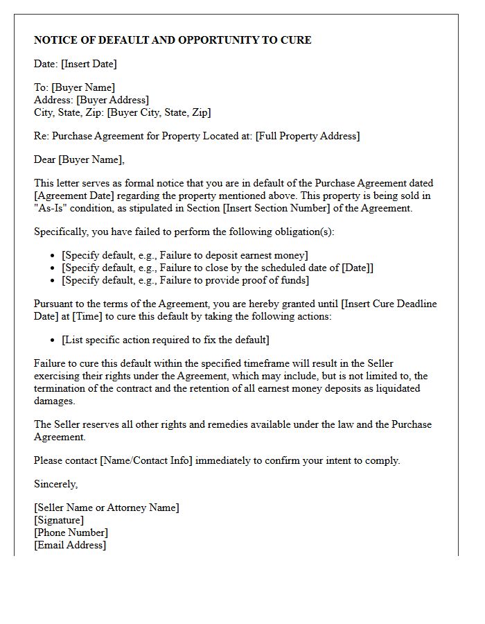 As-Is Property Purchase Default Letter