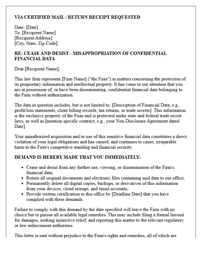 Firm Financial Data Misappropriation Cease and Desist Letter