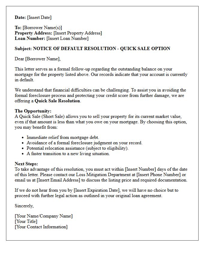 Default Resolution Quick Sale Letter