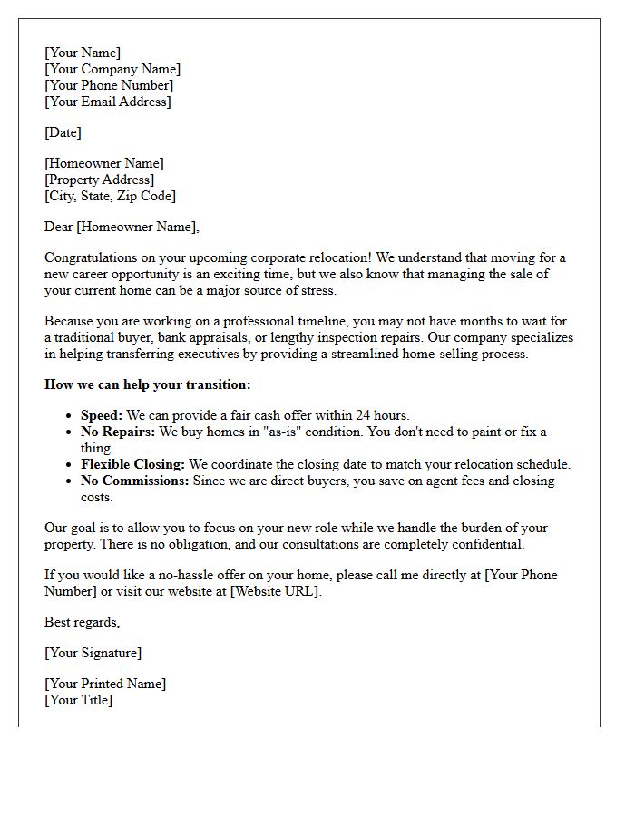 Corporate Transfer Fast Home Sale Letter
