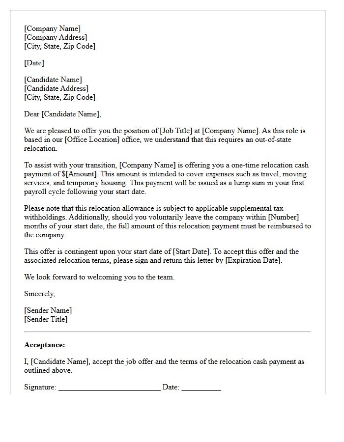 Out of State Job Relocation Cash Offer Letter