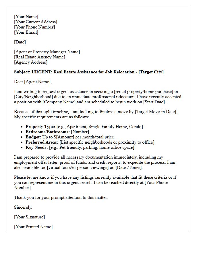 Urgent Job Relocation Real Estate Assistance Letter