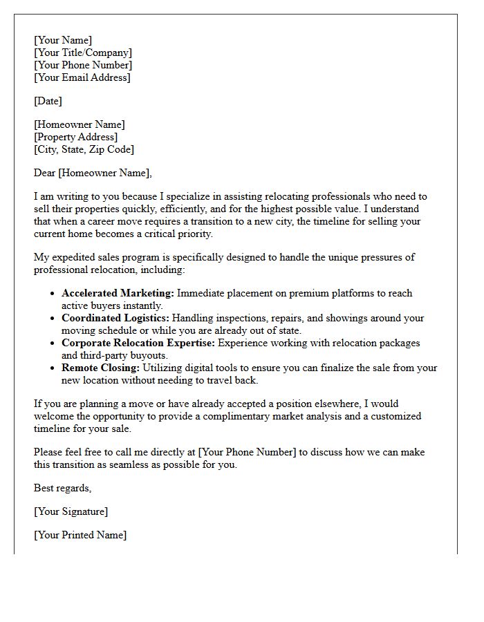 Expedited Sale for Relocating Professionals Letter