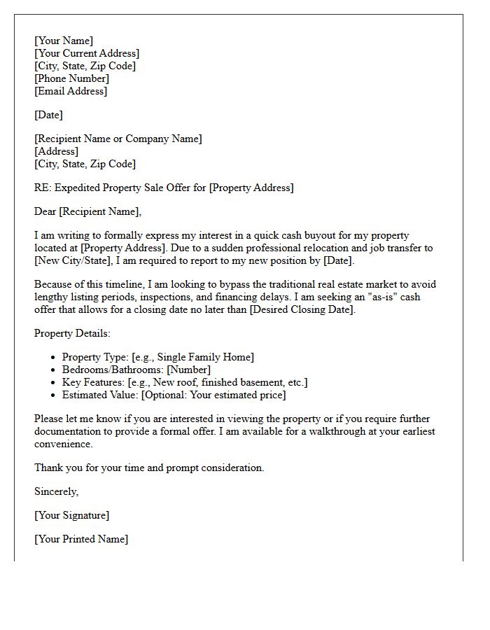 Job Transfer Quick Property Buyout Letter