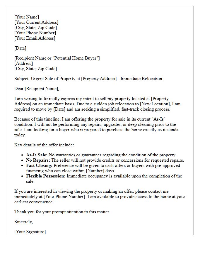 Immediate Relocation As-Is Home Sale Letter
