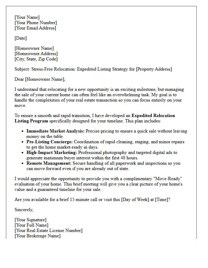 Stress-Free Relocation Expedited Listing Letter