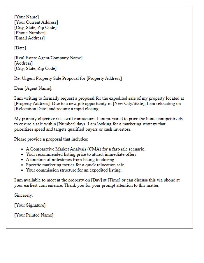 New Job Relocation Rapid Sale Proposal Letter