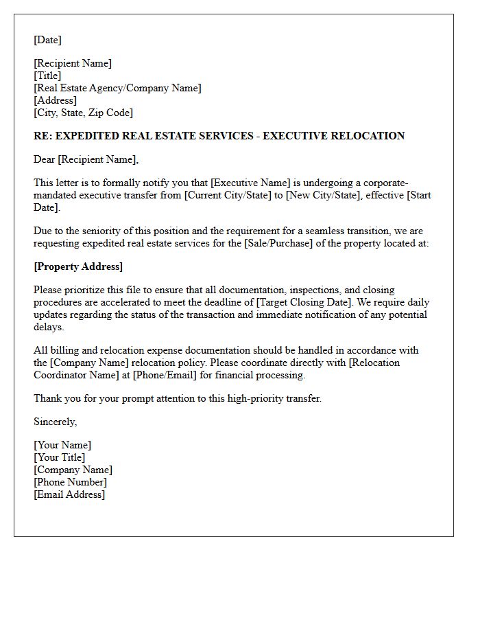 Executive Transfer Expedited Real Estate Letter