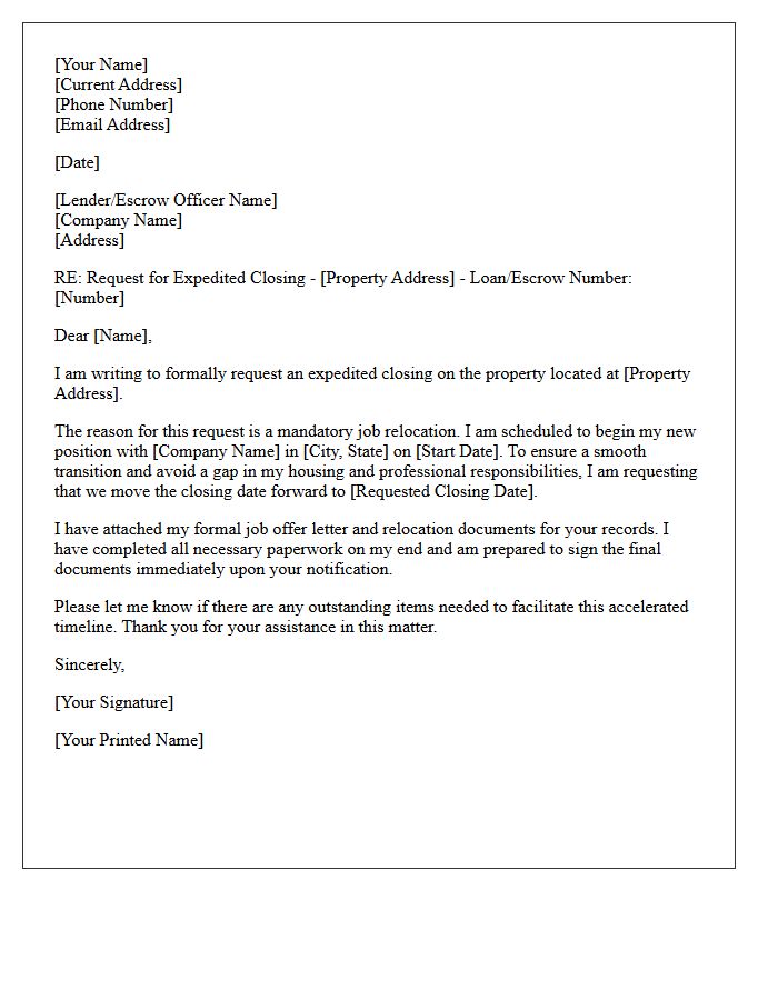 Expedited Closing for Job Relocation Letter