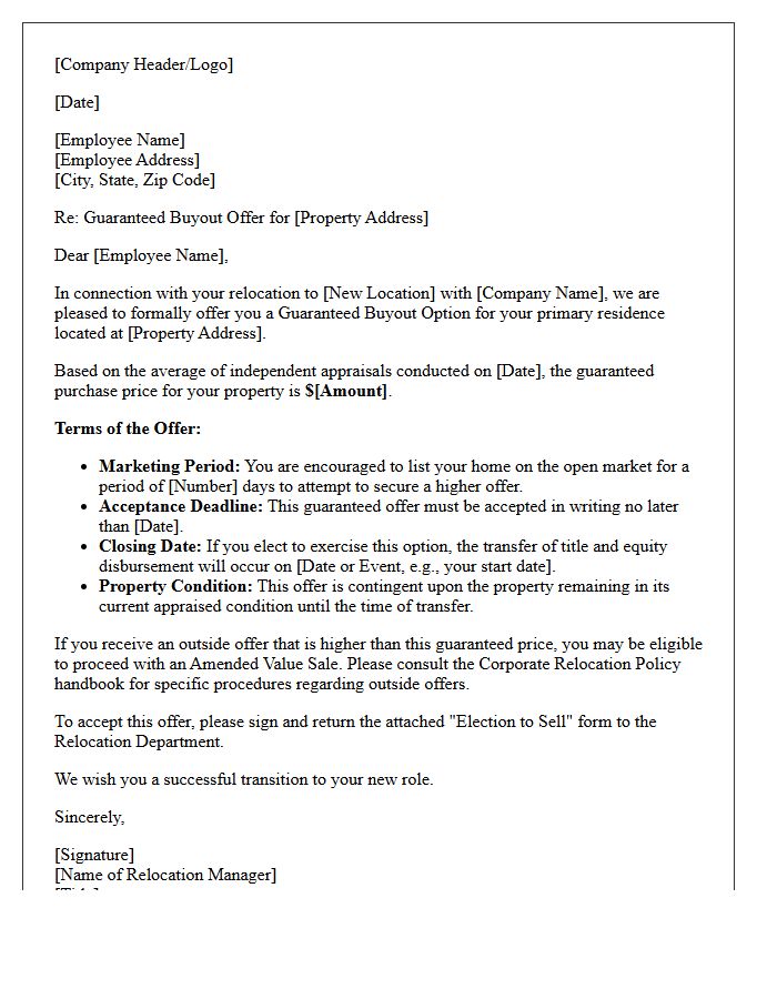 Corporate Relocation Guaranteed Sale Letter