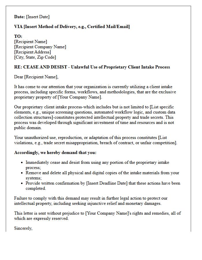 Proprietary Client Intake Process Cease and Desist Letter